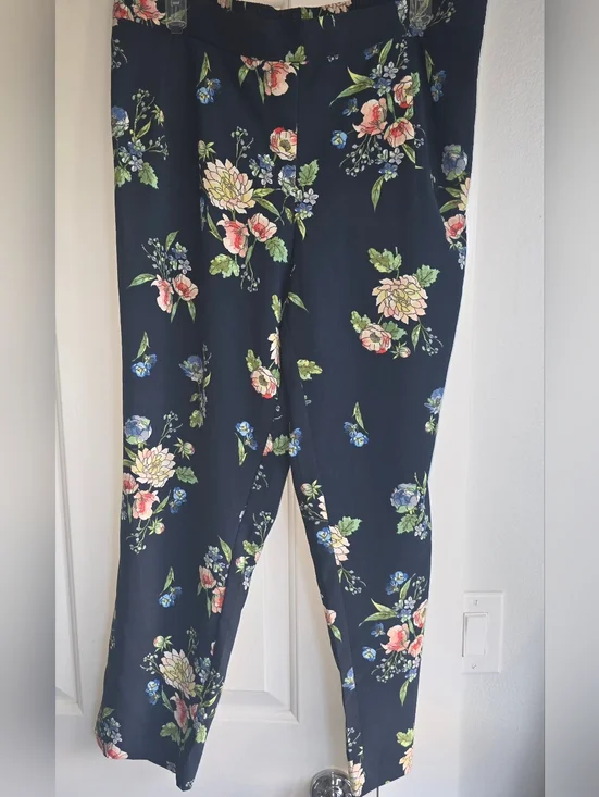 Dalia Navy Floral Print Pants with Pink and Green Blooms - Picture 5 of 5